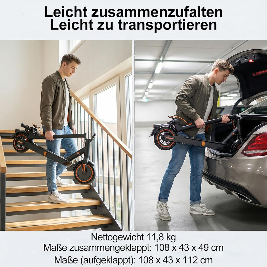 TODIMART T3 E-Scooter mit ABE, bis zu 30 km Reichweite, 8,5 Zoll Vollgummireifen, Bluetooth-App, Dual-Bremssystem, faltbar, IPX5, Schwarz/Orange**