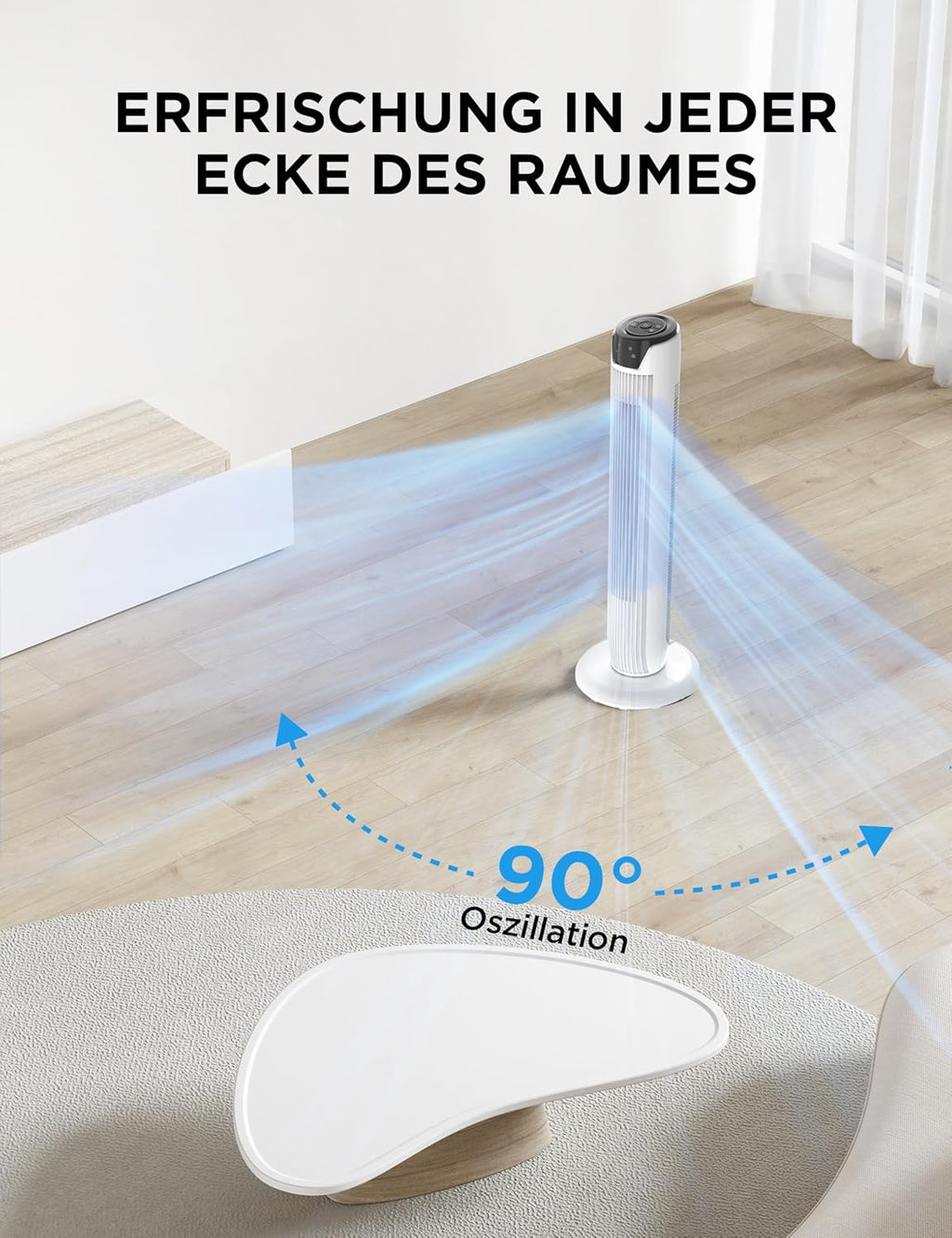 Midea FZ10-17JR Turmventilator 91,8cm – 45W, 330m³/h, 90° Oszillation, 3 Modi, 38dB, 7h Timer, Weiß