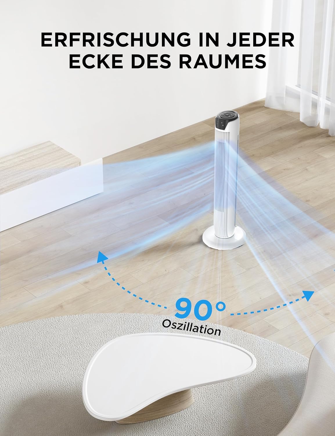 Midea FZ10-17JR Turmventilator 91,8cm – 45W, 330m³/h, 90° Oszillation, 3 Modi, 38dB, 7h Timer, Weiß