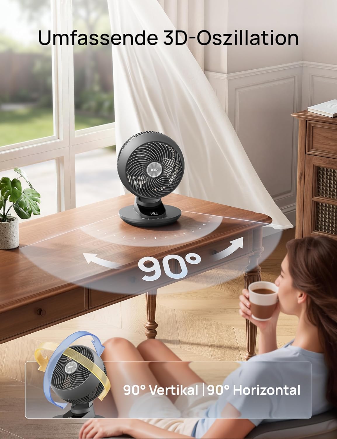 DREO TurboPoly DR-HAF008S Tischventilator – 1.530m³/h, 22dB, 100° Oszillation, 9 Stufen, WiFi, Alexa, Grau