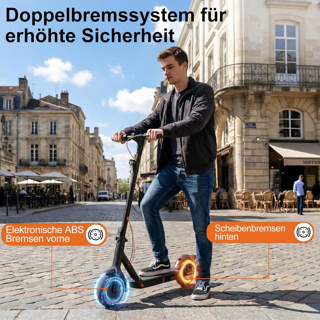 TODIMART T3 E-Scooter mit ABE, bis zu 30 km Reichweite, 8,5 Zoll Vollgummireifen, Bluetooth-App, Dual-Bremssystem, faltbar, IPX5, Schwarz/Orange**