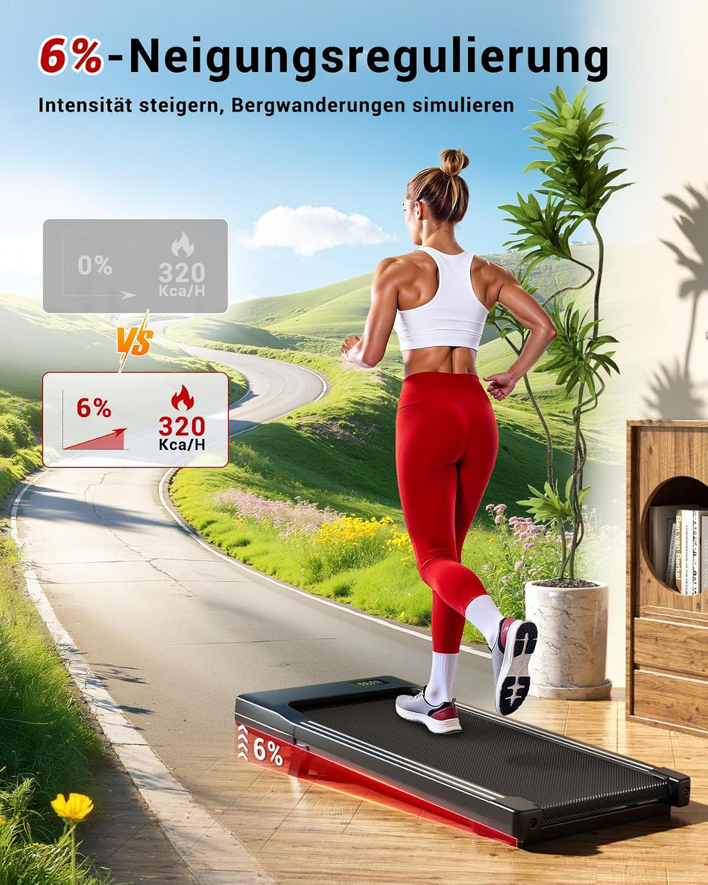 Superun WP06 Laufband 6% Neigung – 16,8 km/h, 136kg, 2,5 PS, KI-Training, App, 40x90cm, Schwarz