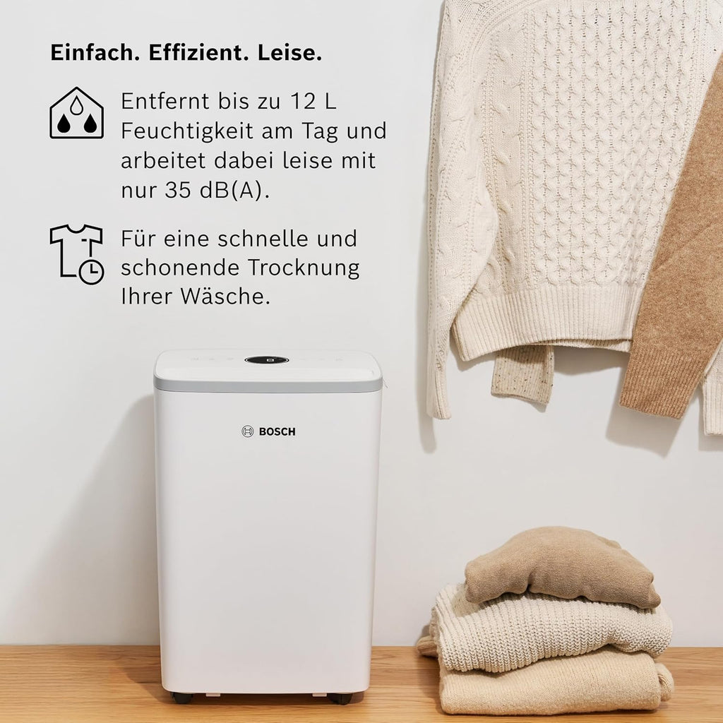 Bosch Dry 2000 Luftentfeuchter 12L/Tag – 35dB, 2,5L Tank, Auto/Nacht/Wäsche, 24m², Weiß/Grau
