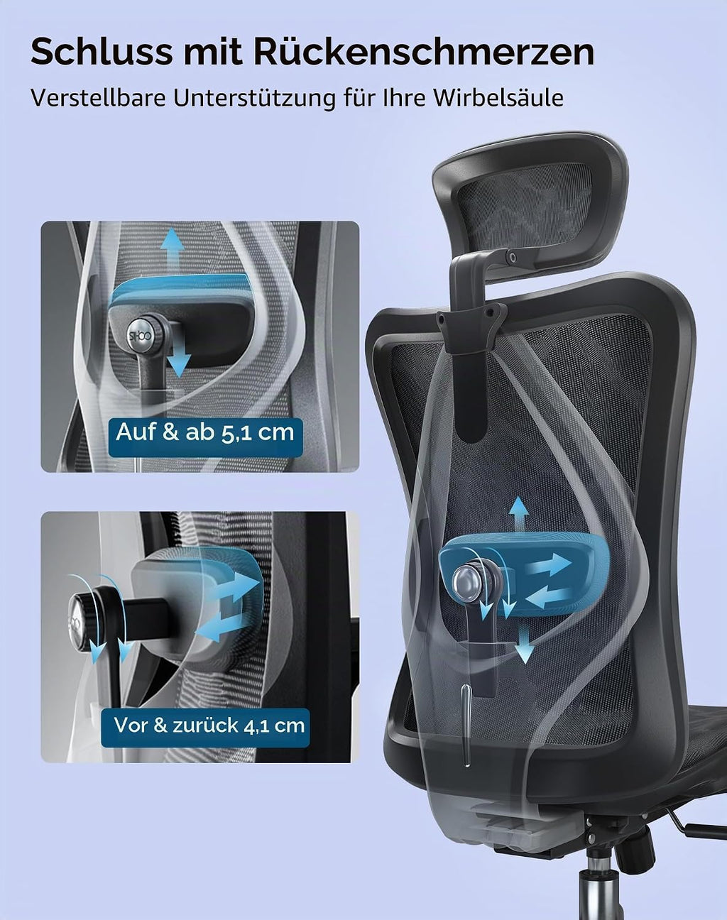 SIHOO M57 Ergonomischer Bürostuhl, 3D-Armlehnen, Mesh, Kopfstütze, bis 150 kg, Schwarz