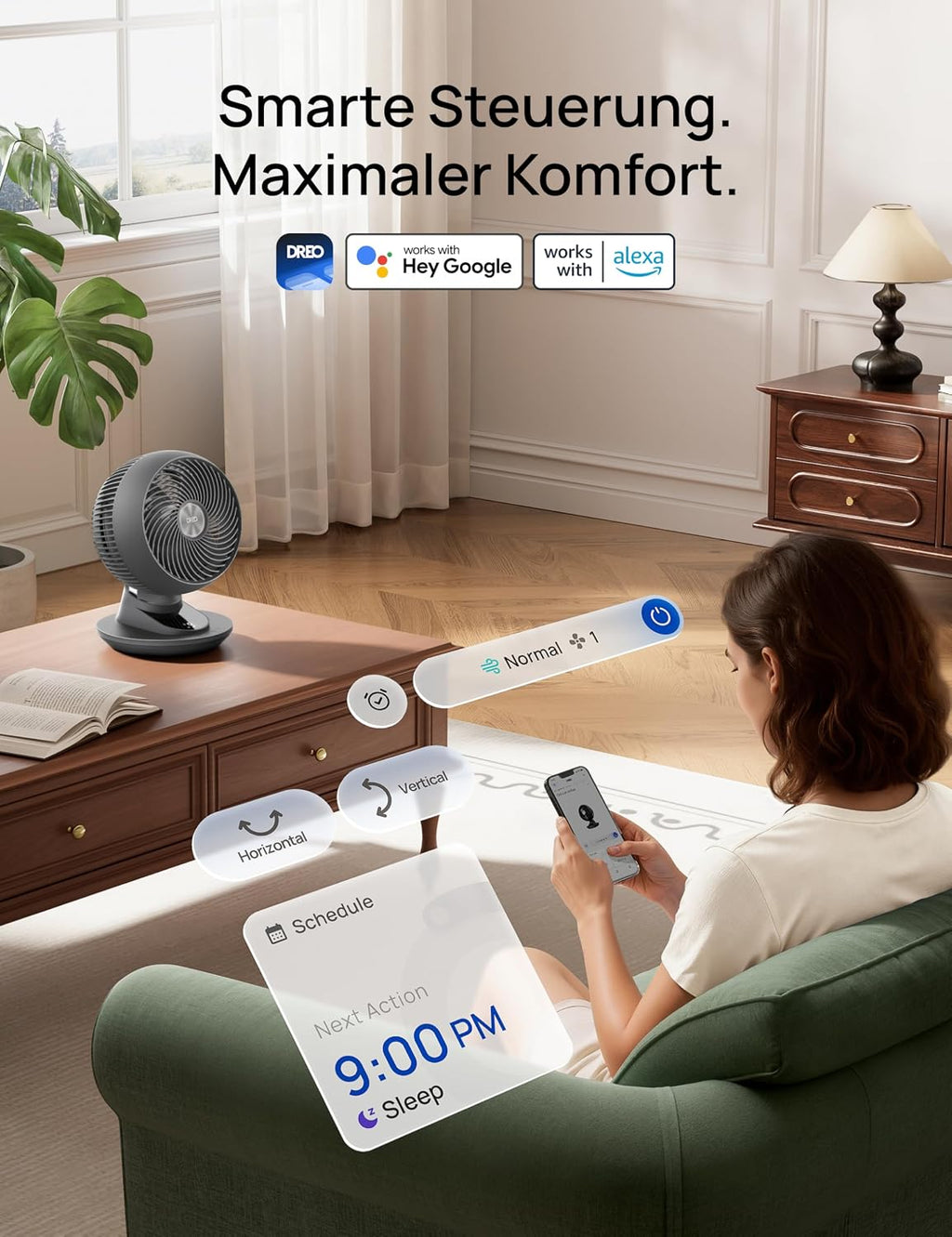 DREO TurboPoly DR-HAF008S Tischventilator – 1.530m³/h, 22dB, 100° Oszillation, 9 Stufen, WiFi, Alexa, Grau