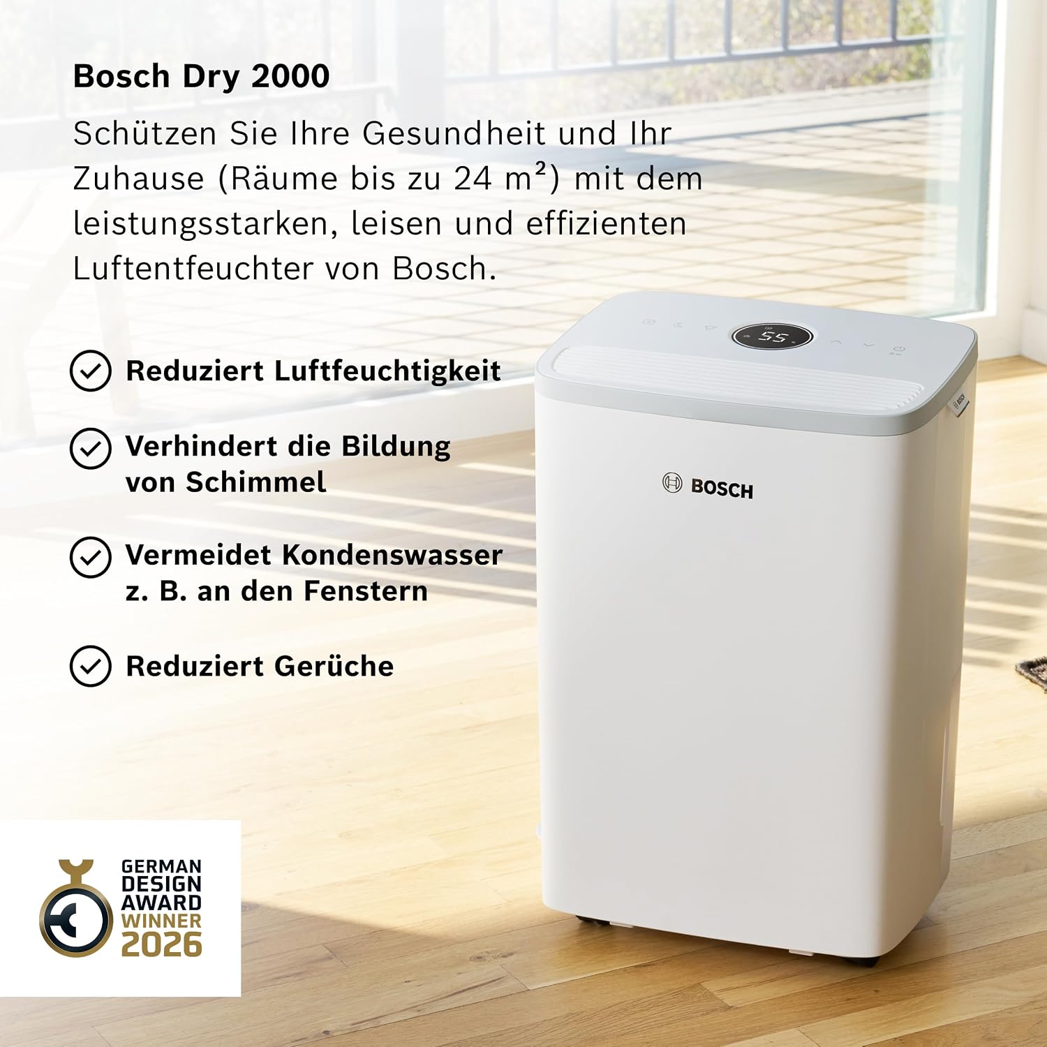Bosch Dry 2000 Luftentfeuchter 12L/Tag – 35dB, 2,5L Tank, Auto/Nacht/Wäsche, 24m², Weiß/Grau