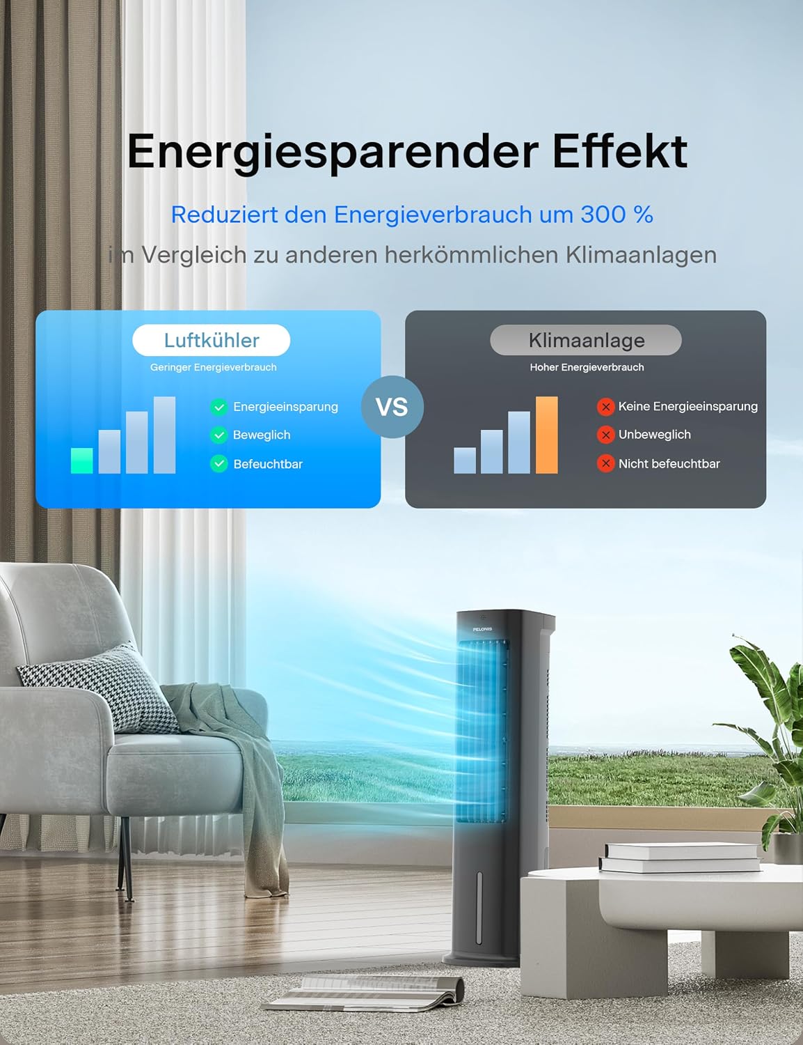 Pelonis PFC50A4AWGBDE 3-in-1 Luftkühler 5L – Verdunstung, Kühlpads, 55W, 330m³/h, 7h Timer, Schwarz