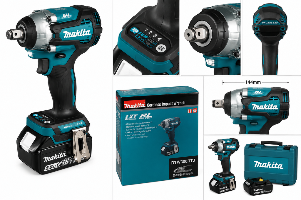 Makita DTW300 18V Brushless Impact Wrench – 1/2" Drive, 330 N·m Torque, 4-Speed, Compact 144mm, Auto-Stop, LED