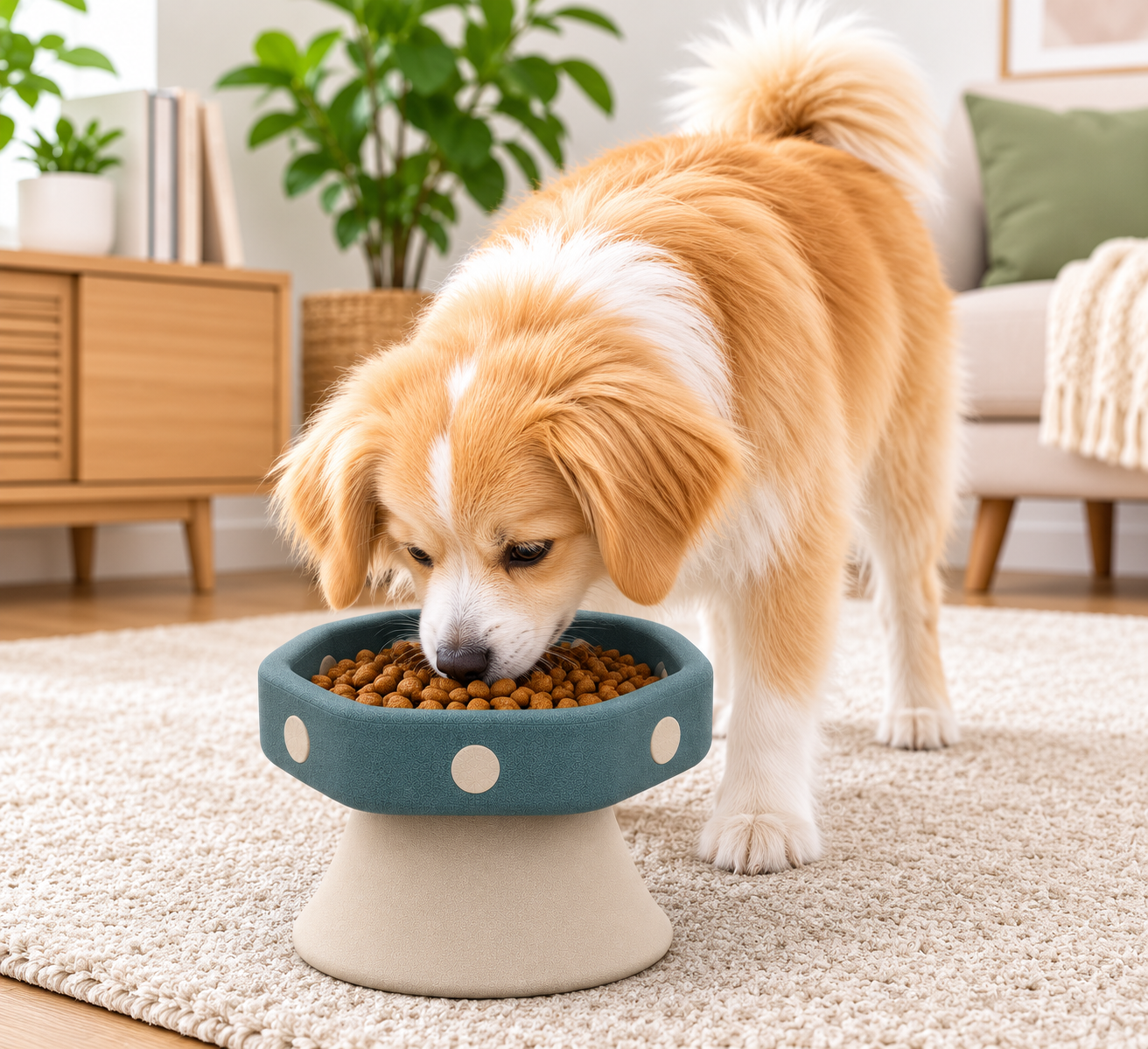 Elevated Pet Food and Water Bowl for Cats and Small Dogs – Green and Beige