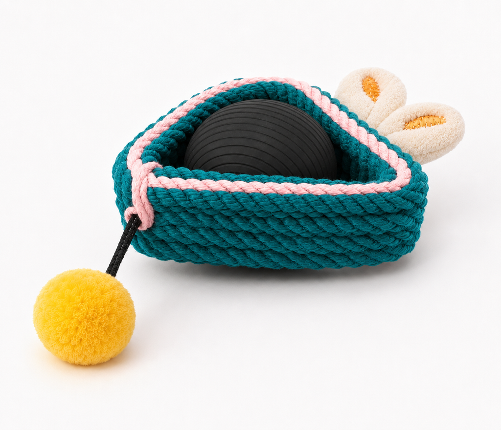 Mouse-Shaped Interactive Rope and Ball Toy for Cats – Teal and Pink