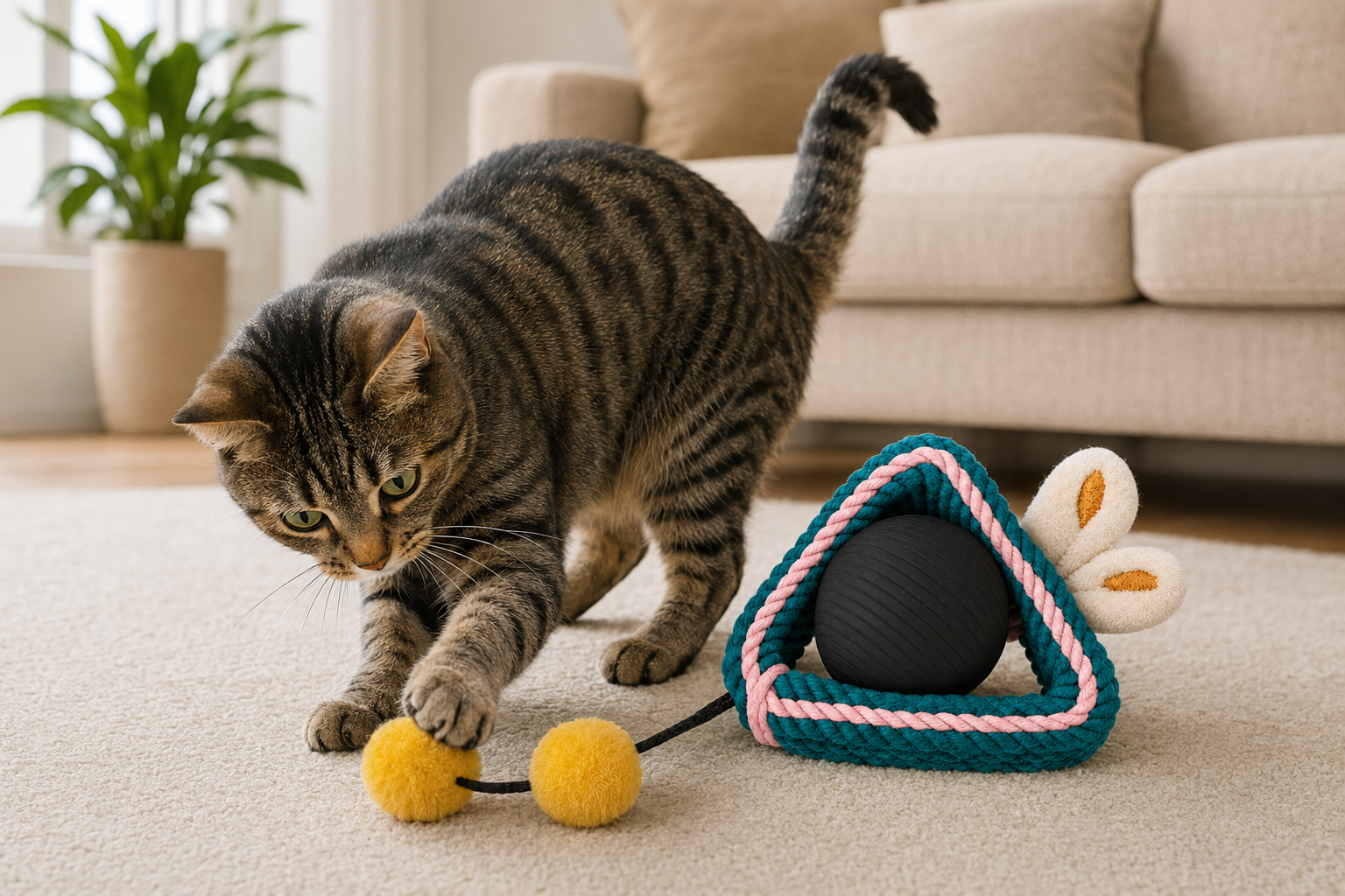 Mouse-Shaped Interactive Rope and Ball Toy for Cats – Teal and Pink