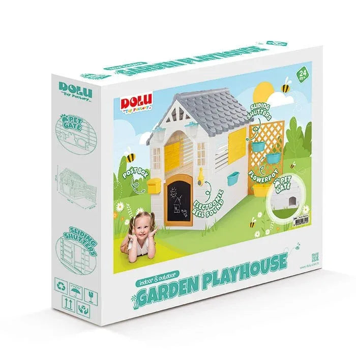 Garden Playhouse with Fence – White & Grey Outdoor Kids Playhouse