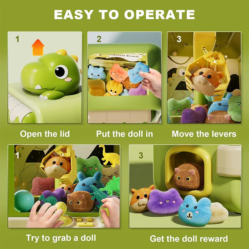 Dinosaur Claw Machine Toys Electronic Arcade Game – Adjustable Catch Doll Machine, Music, Mini Vending Age 7+