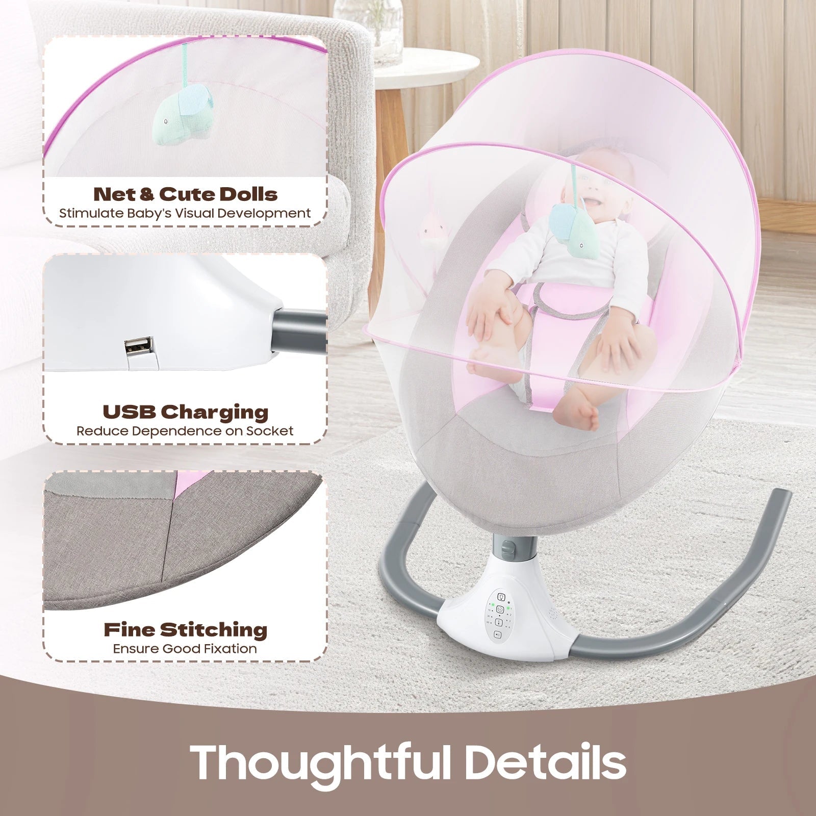 Infant baby swing with 4 speeds, 12 lullabies, 3-point harness and remote control