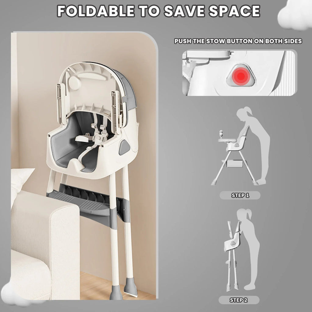 Foldable Baby High Chair with Anti-Slip Base, Toy Rack, and Removable Tray – Ages 6 Months+
