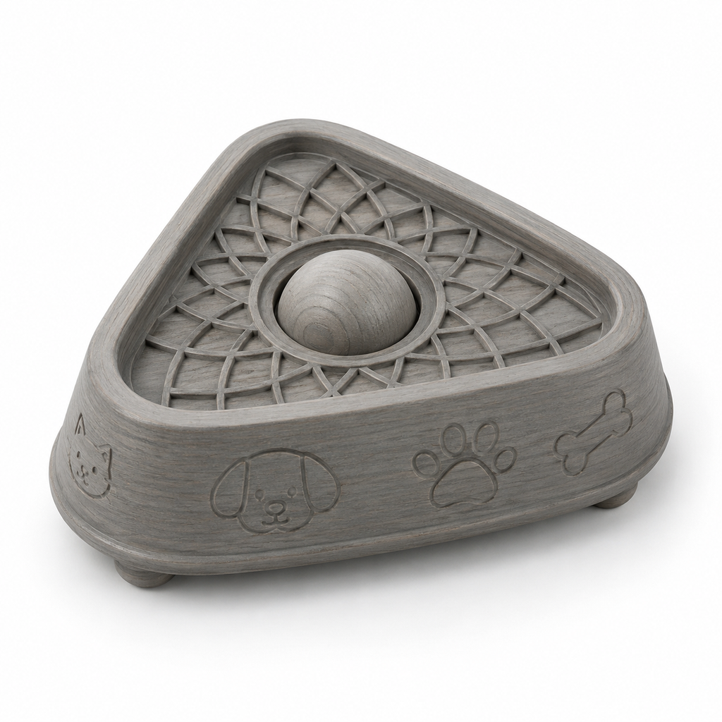 Triangular Slow Feeder Bowl for Cats and Dogs – Grey Wood Effect