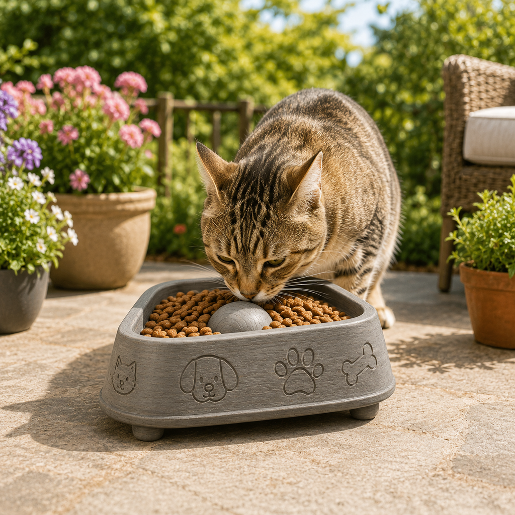 Triangular Slow Feeder Bowl for Cats and Dogs – Grey Wood Effect