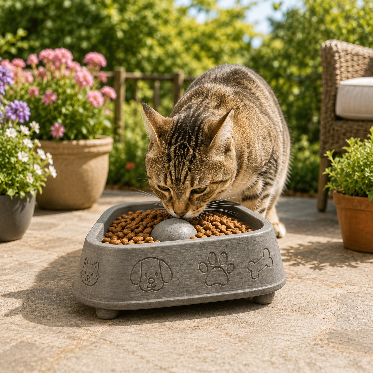 Triangular Slow Feeder Bowl for Cats and Dogs – Grey Wood Effect