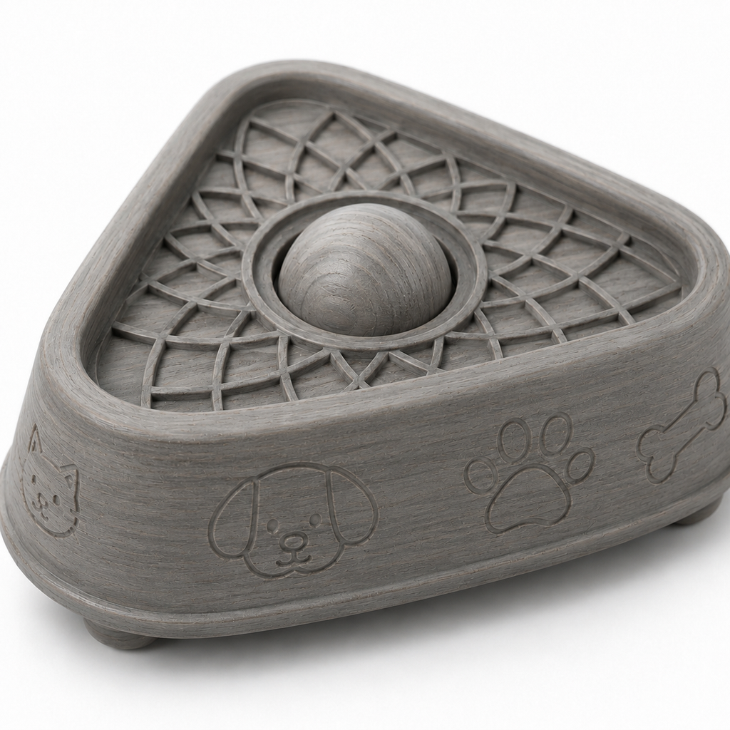 Triangular Slow Feeder Bowl for Cats and Dogs – Grey Wood Effect