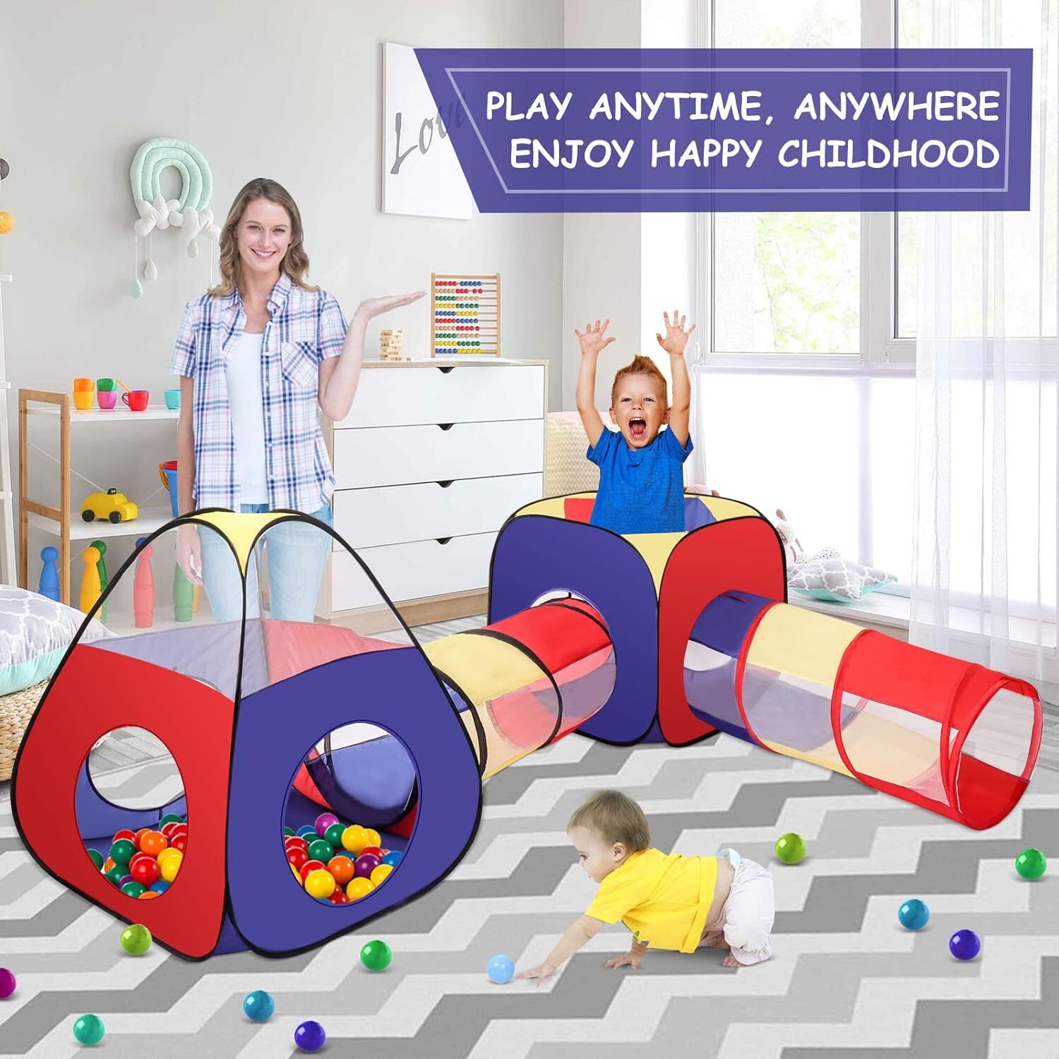 4-in-1 Kids Play Tent with Tunnel & Ball Pit – Portable Pop-Up Playhouse for Toddlers and Children