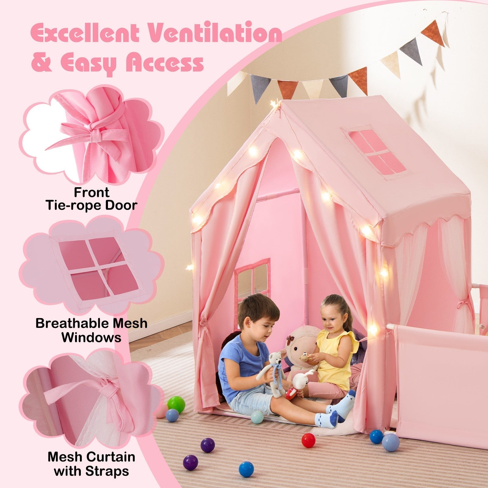 COSTWAY Kids 2-in-1 Play Tent & Toddler Playpen – Pink Indoor Playhouse for Kids Ages 1–5