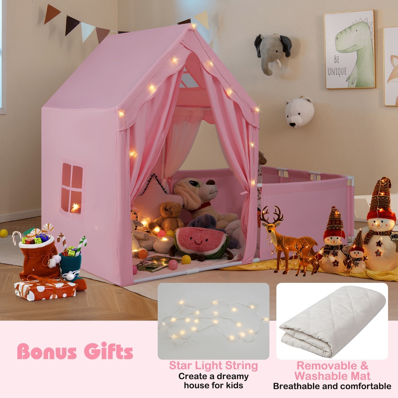 COSTWAY Kids 2-in-1 Play Tent & Toddler Playpen – Pink Indoor Playhouse for Kids Ages 1–5